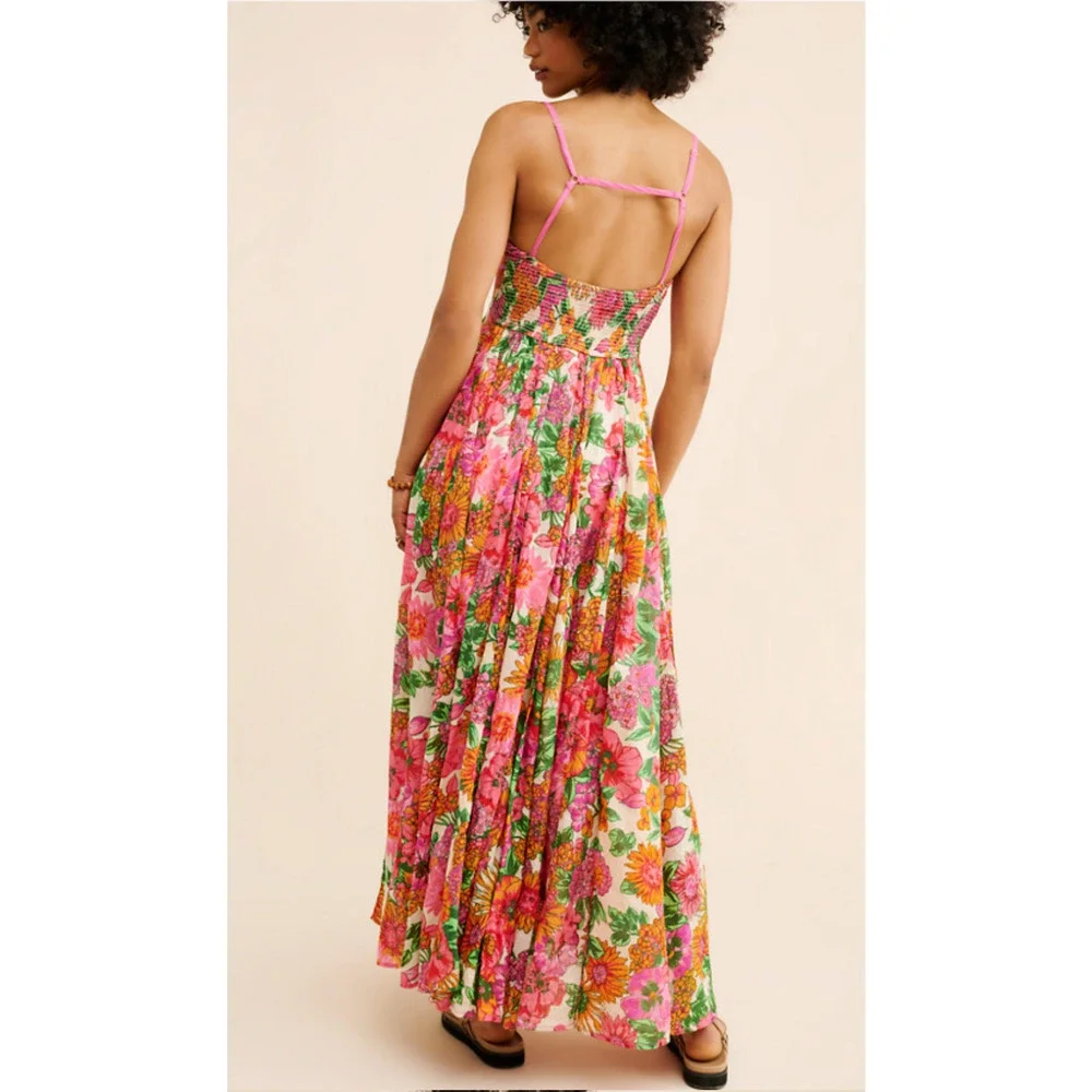 FREE PEOPLE PINK FLORAL DREAM WEAVER BOHO MAXI DRESS SZ XS